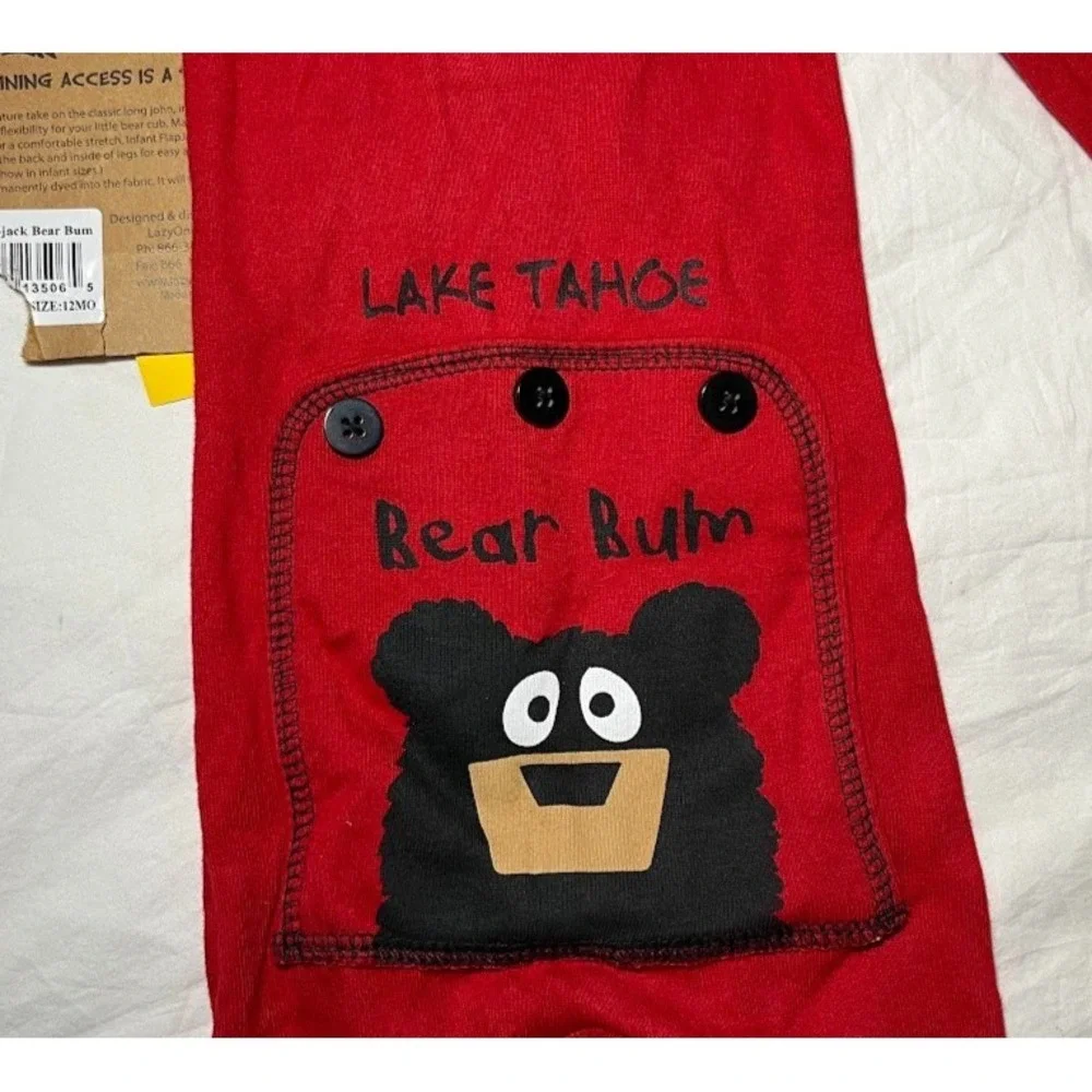 Lazy One 12 Mos Red Bear Bum Baby 1pc‎ Sleeper Cotton Flap Jacks Lake Tahoe NWT